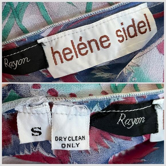 Vintage Bohemian Chiffon Blouse, 1970s Helene Sidel Feather Print Balloon Sleeve - Picture 9 of 10